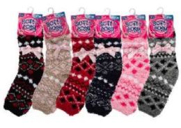144 Bulk Diamond Pattern with Ribbon Accent Fuzzy Socks