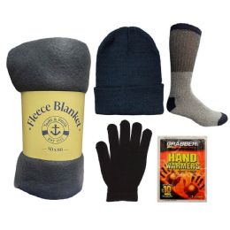 12 Bulk 6-Piece Unisex Winter Care Bundle Set Includes Blanket Thermal Socks Beanie Gloves Hand Warmers