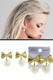 60 Bulk Faux Pearl Bow Post Earrings GolD-Tone