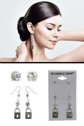 60 Bulk Padlock Crystal Accent Dangle And Stud Earring Set SilveR-Tone