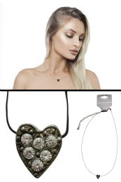 60 Bulk Black & Silver Tone Heart Pendant Necklace With Crystal Accent