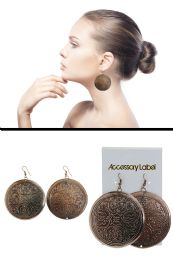 60 Bulk Antiqued Embossed Disc Dangle Earrings Brown