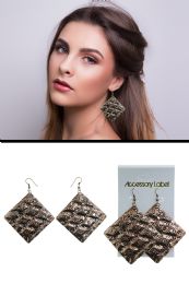 60 Bulk Embossed Pattern Square Dangle Earrings Brown