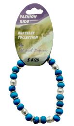 60 Bulk Blue Wooden Bead Accent Stretch Bracelet SilveR-Tone