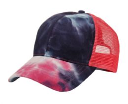 6 Bulk Ponytail TiE-Dye Cotton Truck Cap Mix Hot Pink