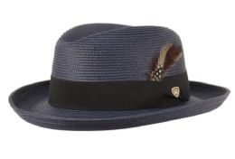 6 Bulk Richman Brothers Homburg Polybraid Fedora Hats With Grosgrain Band & Feather Navy