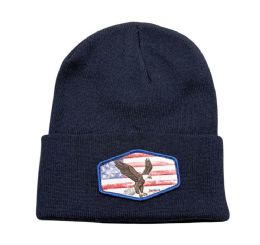 6 Bulk Long Cuff Ski Beanie With Eagle Patch Navy