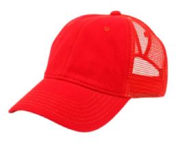 6 Bulk Ponytail Washed Cotton Trucker Cap Red