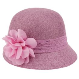 6 Bulk Linen Cloche Hats With Lace Band And Flower Purple