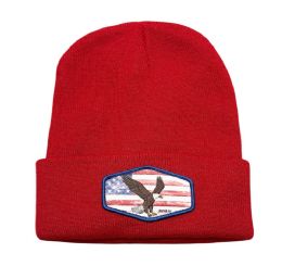 6 Bulk Long Cuff Ski Beanie With Eagle Patch Red