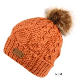 6 Bulk Solid & Multi Color Knit Beanie Hat With Pom Pom Rust