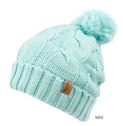 6 Bulk Heavy Knit Beanie With Pom Pom & Sherpa Lining Mint