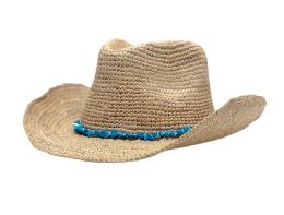 12 Bulk Natural Raffia Straw Cowboy Hats With Beads Band