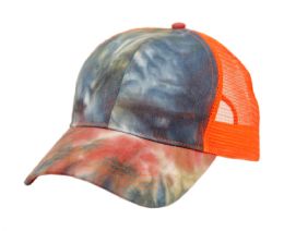 6 Bulk Ponytail TiE-Dye Cotton Truck Cap Mix Blue