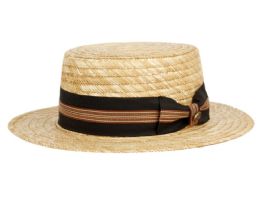 6 Bulk Wheat Straw Boater Hats With Stripe Band