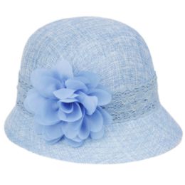6 Bulk Linen Cloche Hats With Lace Band And Flower Light Blue
