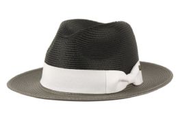 6 Bulk Poly Braid Two Tone Fedora Hats With Contrast Band Black/Gray