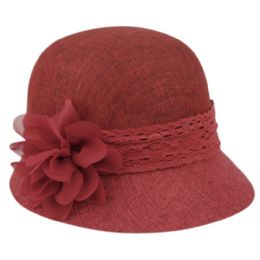 6 Bulk Linen Cloche Hats With Lace Band And Flower Burgundy