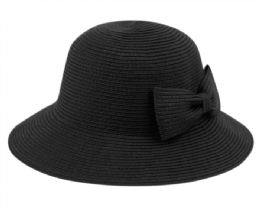 6 Bulk Packable Poly Braid Bucket Sun Hats With Ribbon Black