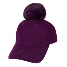 12 Bulk Six Panel Solid Color Wool Blend Cap W/rabbit Fur Pom Pom Purple