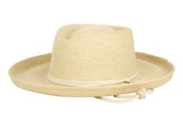 6 Bulk Up Brim Paper Straw Fedora Hats With Leather String Band & Chin Cord