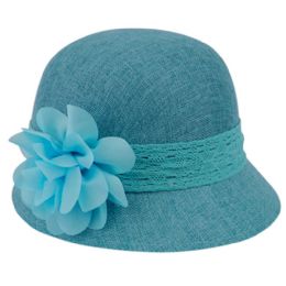 6 Bulk Linen Cloche Hats With Lace Band And Flower Teal