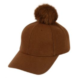 12 Bulk Six Panel Solid Color Wool Blend Cap W/rabbit Fur Pom Pom Lt Brown