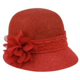 6 Bulk Linen Cloche Hats With Lace Band And Flower Red