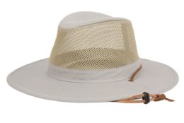 12 Bulk Outdoor Safari Hats With Mesh Crown & Leather Chin Cord Assorted Light Gray