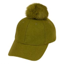 12 Bulk Six Panel Solid Color Wool Blend Cap W/rabbit Fur Pom Pom Apple Green