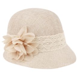 6 Bulk Linen Cloche Hats With Lace Band And Flower Natural