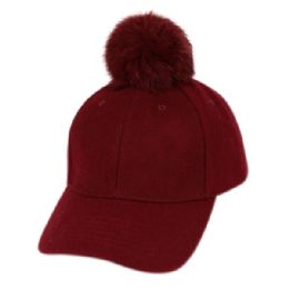 12 Bulk Six Panel Solid Color Wool Blend Cap W/rabbit Fur Pom Pom Burgundy