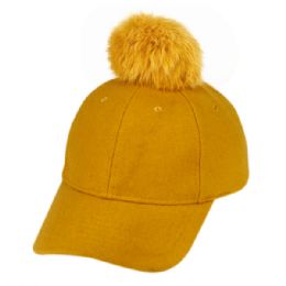 12 Bulk Six Panel Solid Color Wool Blend Cap W/rabbit Fur Pom Pom Yellow