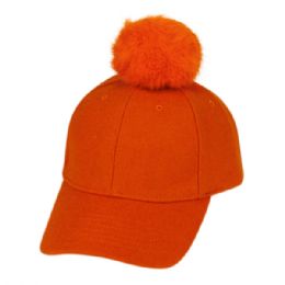 12 Bulk Six Panel Solid Color Wool Blend Cap W/rabbit Fur Pom Pom Orange