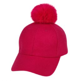 12 Bulk Six Panel Solid Color Wool Blend Cap W/rabbit Fur Pom Pom Hot Pink