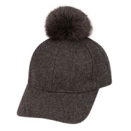 12 Bulk Six Panel Solid Color Wool Blend Cap W/rabbit Fur Pom Pom Charcoal