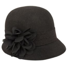 6 Bulk Linen Cloche Hats With Lace Band And Flower Black