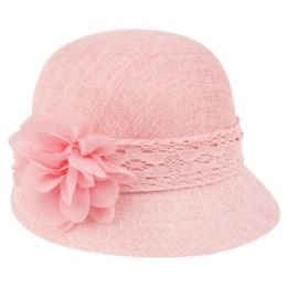 6 Bulk Linen Cloche Hats With Lace Band And Flower Pink