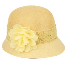 6 Bulk Linen Cloche Hats With Lace Band And Flower Yellow