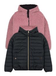 24 Bulk Girls Reversible Jacket With Sherpa Lining In Black And Pink Assorted Sizes 2-4t