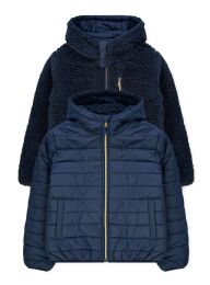 24 Bulk Girls Reversible Jacket With Sherpa Lining In Navy Assorted Size 4-6x