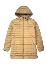 24 Bulk Womens Longline Hooded Puffer Jacket With Sherpa Lining In Beige Assorted S-2xl