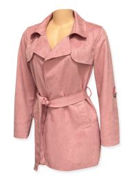 24 Bulk Ladies Long Faux Suede Trench Coat In Mauve Assorted Sizes S-xl