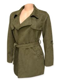 24 Bulk Ladies Long Faux Suede Trench Coat In Olive Assorted Sizes S-xl