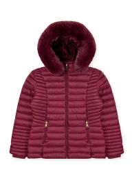 24 Bulk Ladies Puffer Jacket With Faux Fur Hood Assorted Sizes S-Xl Burgundy