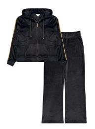 10 Bulk Womens Velour Zip Hoodie & WidE-Leg Pant Set Assorted Sizes S-L, Black