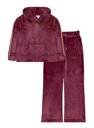 10 Bulk Womens Velour Zip Hoodie & WidE-Leg Pant Set Assorted Sizes S-L, Burgundy