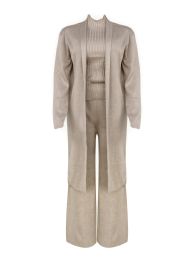 12 Bulk Womens 3-Piece Ribbed Knit Loungewear Set In Beige Sizes S/m And L/xl