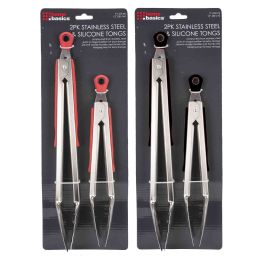 12 Bulk Stainless Steel 2 Piece Tong Set With HeaT-Resistant Silicone Handles