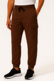 12 Bulk Mens Cotton Fleece Cargo Joggers In Brown Assorted Sizes S-xl
